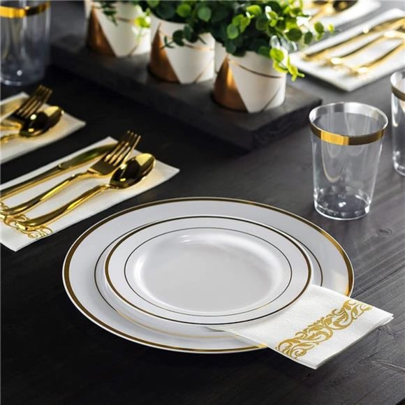 125 Piece Gold Dinnerware Party Set-50 Gold Rim Plastic Plates, 25 Dinner Plates - Picture 4 of 6